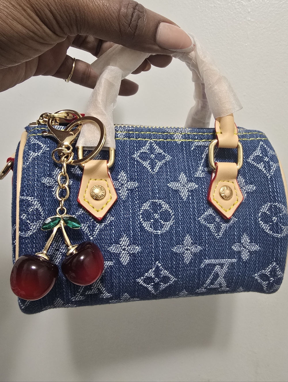 Designer Denim Jean Blue Denim Mini Satchel Bag w Cherry Charm Charm Purse LVUO